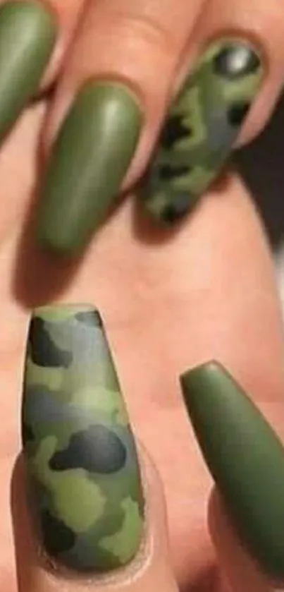 Olive green camouflage nails with matte finish.