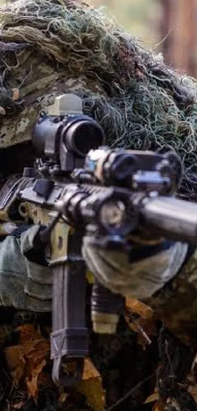 Camouflaged sniper aiming in dense forest background.