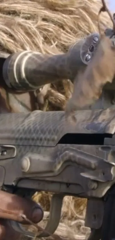 Close-up of a camouflage sniper rifle with detailed texture and scope.