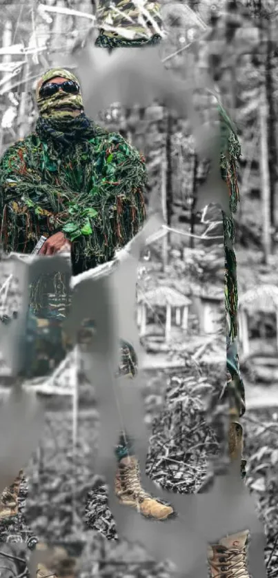 Camouflage soldier blending into a forest background.