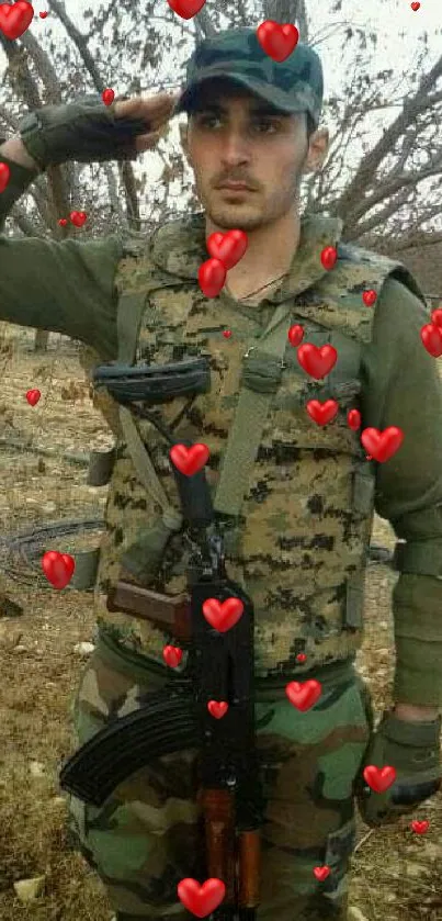 Soldier in camouflage with heart overlays on a scenic background.