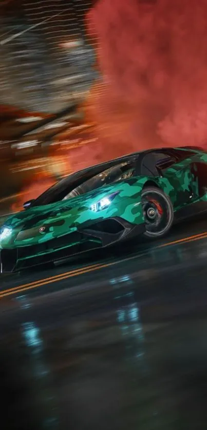 Camouflage sports car in vibrant night scene wallpaper.