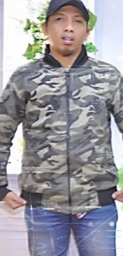 Camouflage jacket with casual style, ideal for mobile wallpaper.