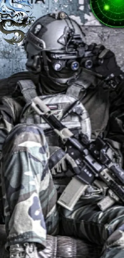 Soldier in camouflage with gear holding a rifle on a tactical mission.