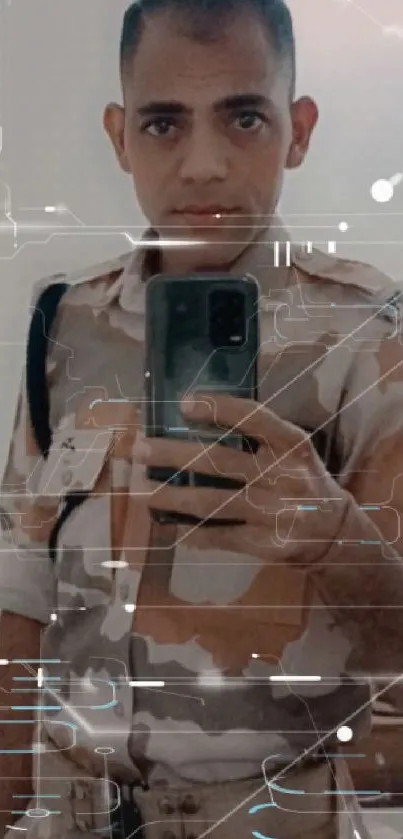 Person in camouflage uniform taking a mirror selfie.