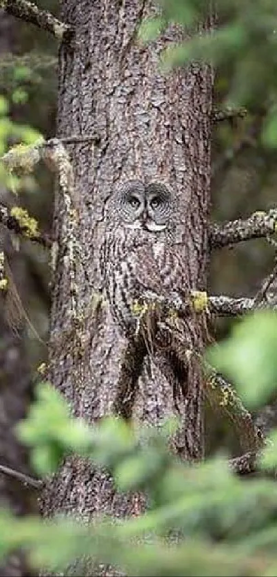 A camouflaged owl blends into tree bark in a lush green forest.