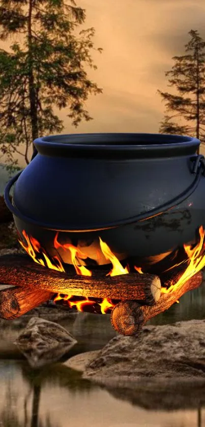 Cauldron over campfire with scenic lake background