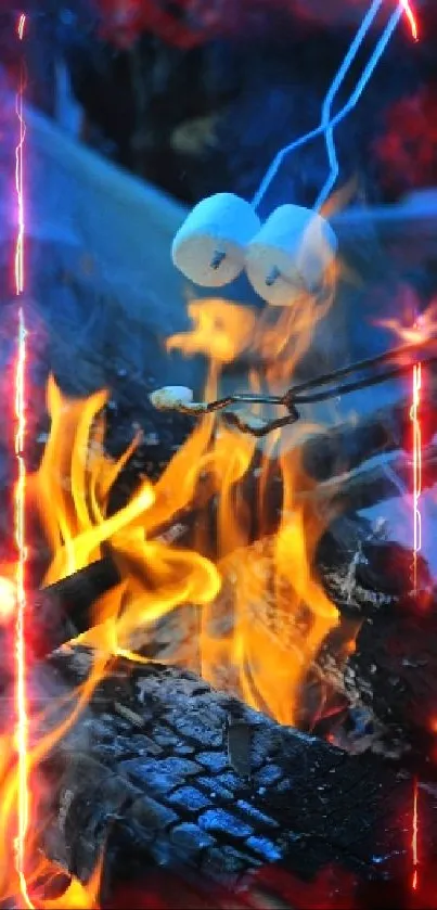 Cozy campfire with marshmallows roasting at night.
