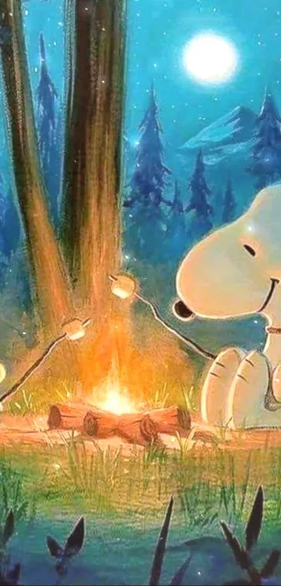 Snoopy and friend by the campfire under a starry forest sky.