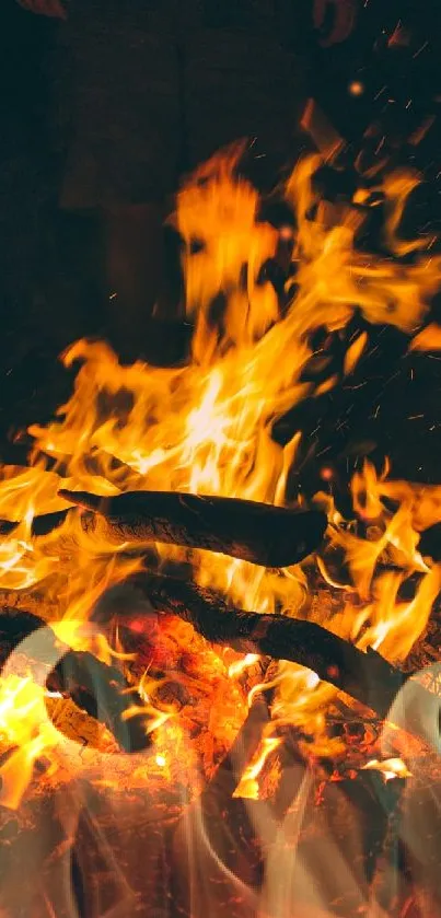 Vibrant campfire with glowing flames at night.