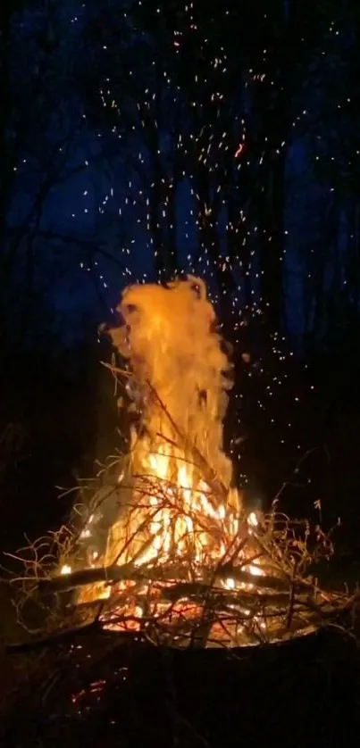 A campfire burning under a starry dark blue night sky.