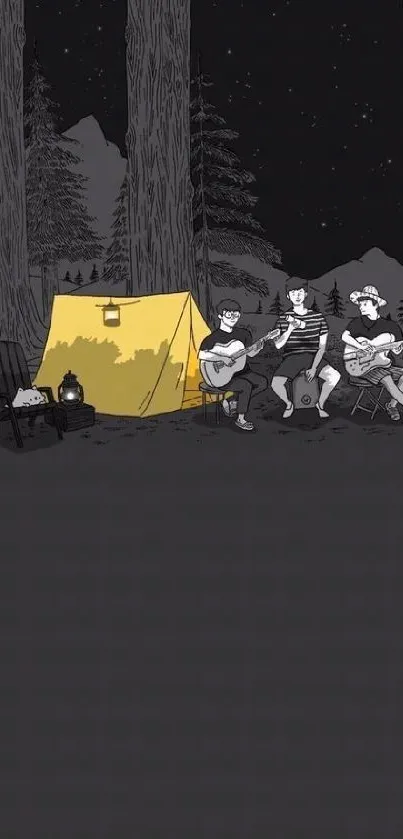 Illustration of a night camping scene with friends and a tent.