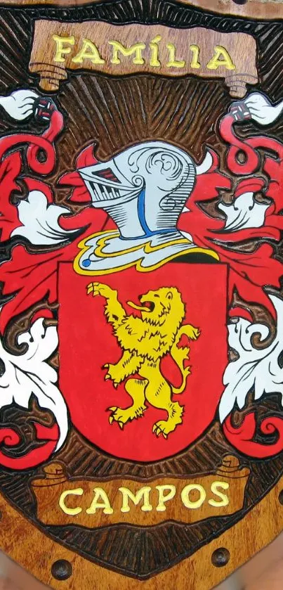 Vibrant Campos family crest with a lion on red shield, adorned with intricate details.