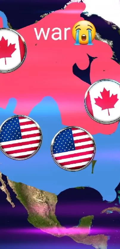 Colorful map of USA vs Canada with flags and emoji.