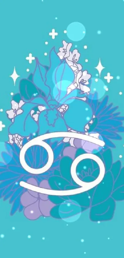 Cancer symbol with floral elements on turquoise background.