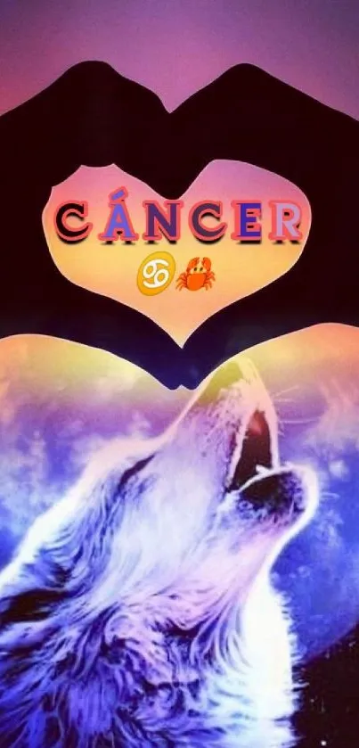 Cancer zodiac wolf with heart symbol wallpaper in vibrant cosmic colors.