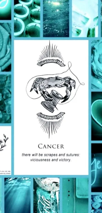 Cancer Zodiac collage in soothing teal tones, perfect mobile wallpaper.