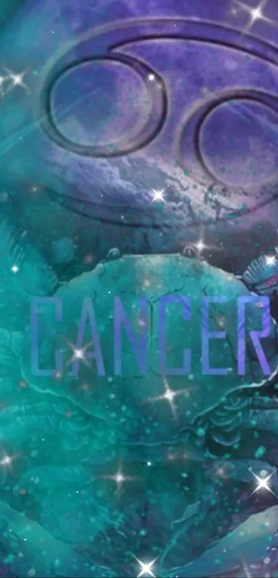 Cancer zodiac wallpaper with cosmic teal and purple hues.