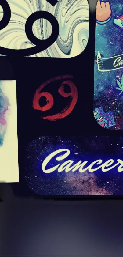 Cancer zodiac themed phone wallpaper with colorful and artistic design elements.