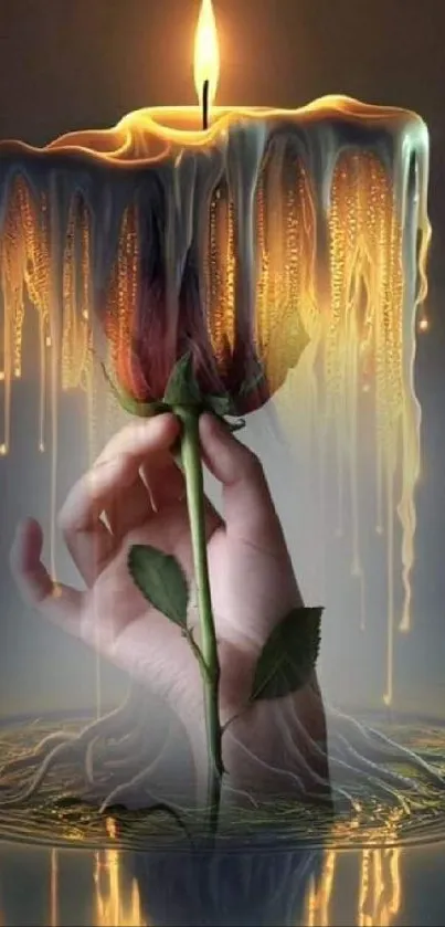 Artistic composition of a glowing candle melting over a hand holding a rose.