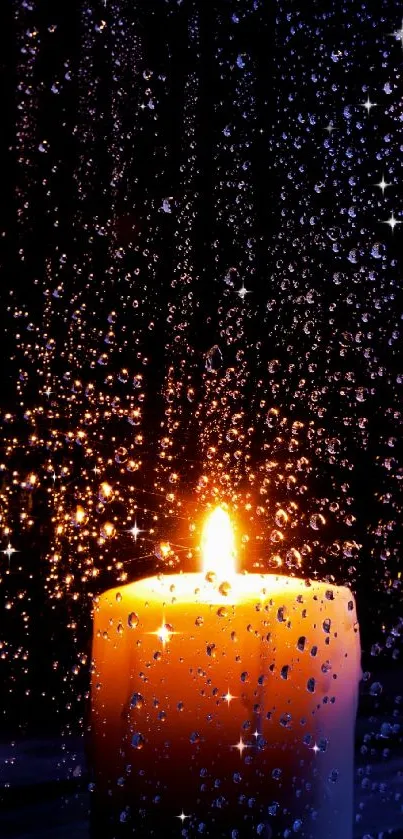 Candle with raindrops on glass, creating a serene ambiance.