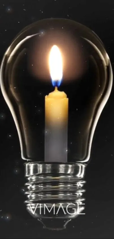 Candle within a lightbulb on dark background.