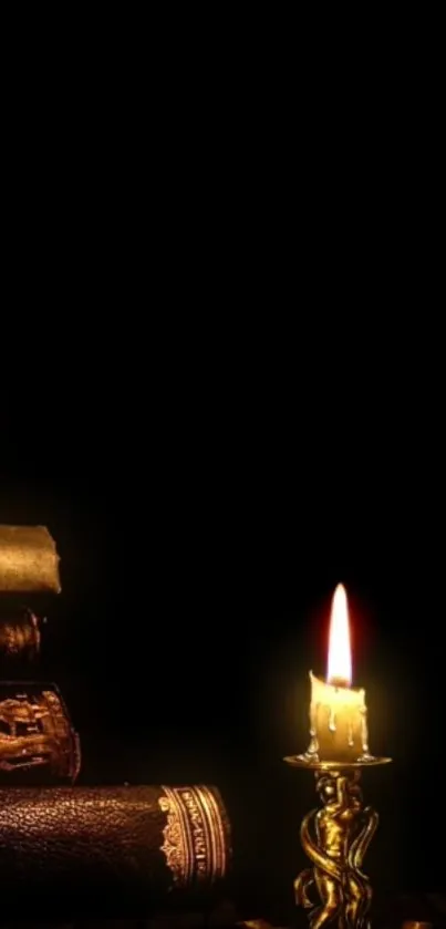 Candlelight illuminating a stack of vintage books on a dark background.