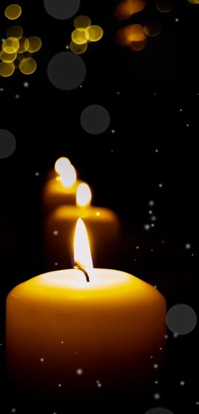 A glowing candle with bokeh lights in a dark background.