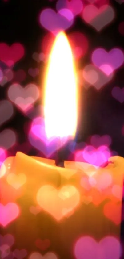 Candle with glowing heart-shaped bokeh lights.