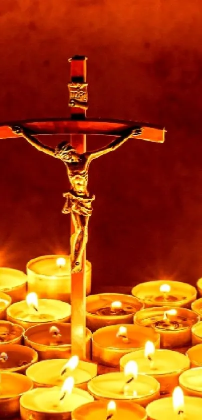 Candlelit cross surrounded by glowing candles on a warm background.