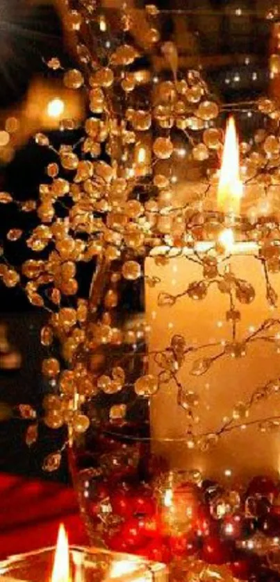 Elegant candlelit scene with crystal decorations and warm glow.