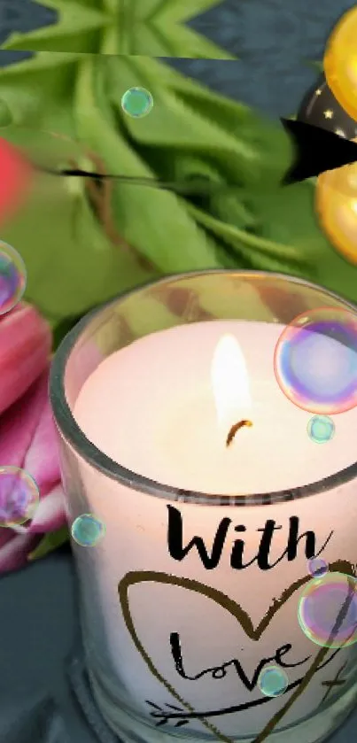 Candle with floral background and colorful balloons in the foreground.