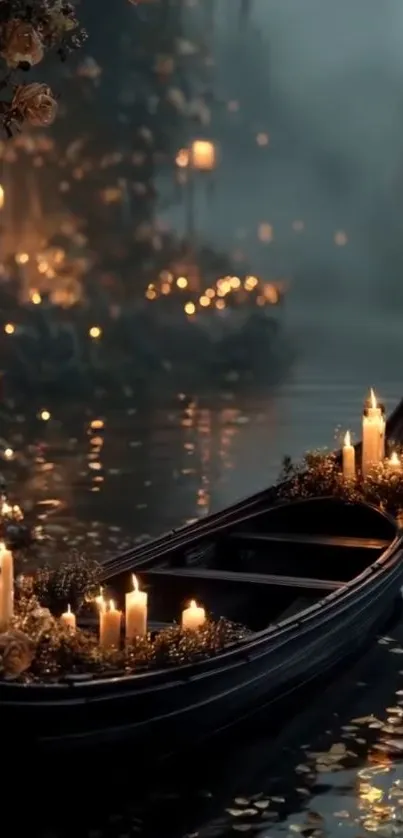 Candlelit gondola gliding on tranquil waters surrounded by glowing lanterns.