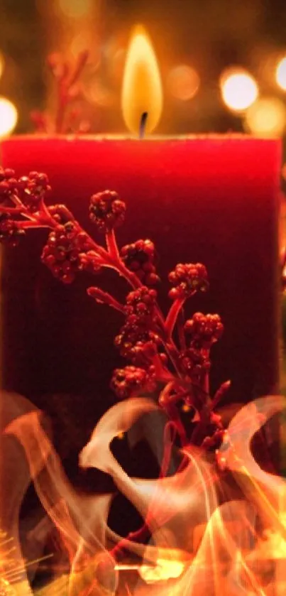 Festive candle with bokeh lights background, exuding warm holiday ambiance.