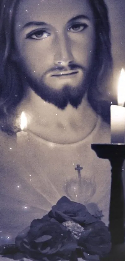 Candlelit Jesus portrait with glowing light and roses.