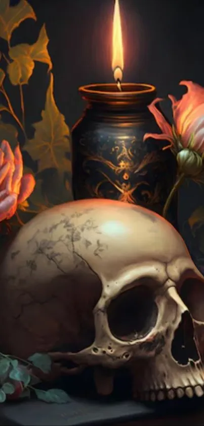 Candlelit skull among roses and a candle.