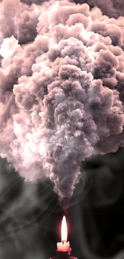 A candle with rising billows of smoke on a black background.