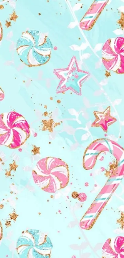 Festive candy cane and star design in light blue background.