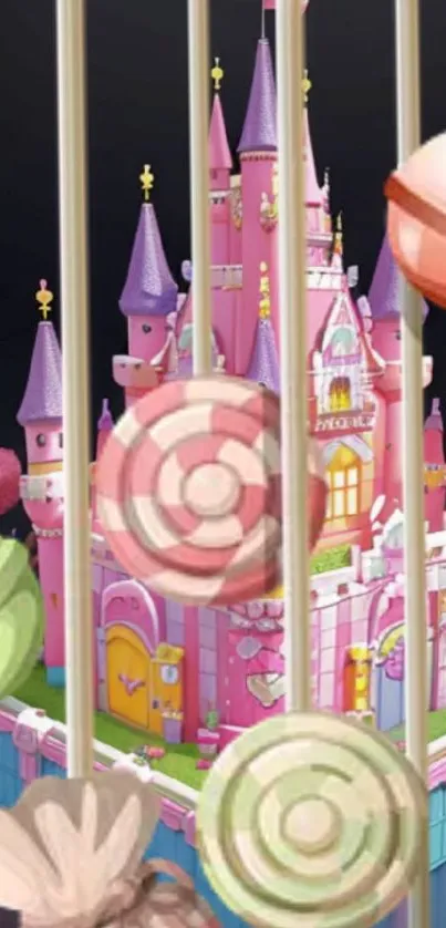 Pink castle with candy elements wallpaper design.