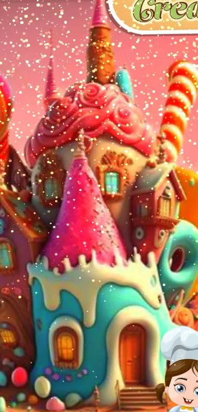 Whimsical candy castle against a pink sky.