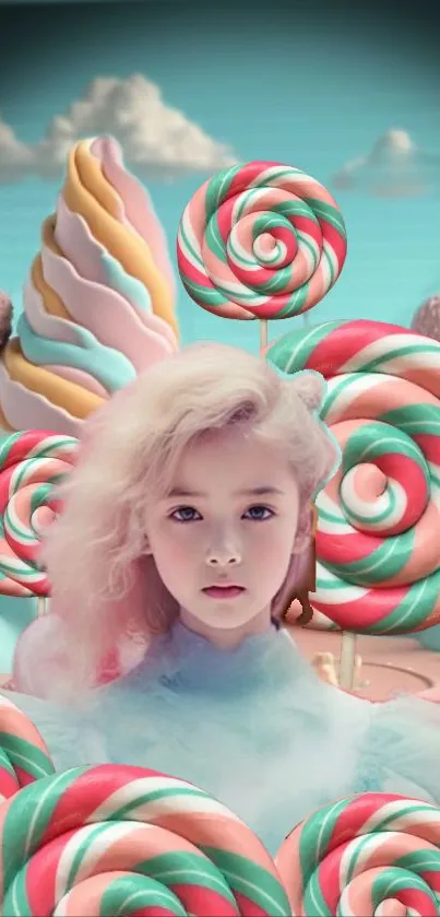 Pastel candyland with lollipops and girl in a dreamy setting.