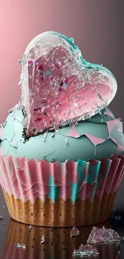 Whimsical pastel cupcake with candy heart and shattered glass accents.