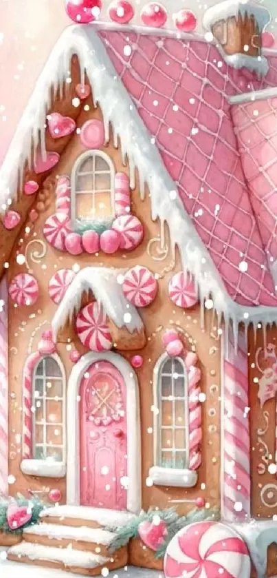 Whimsical candy house with pink decorations and snowy accents.