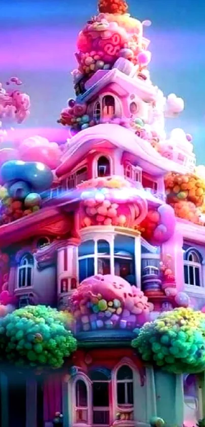 Whimsical candy-themed house under a vibrant, colorful sky.