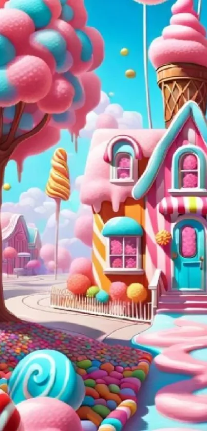 Vibrant candy-themed fantasy house with colorful surroundings.
