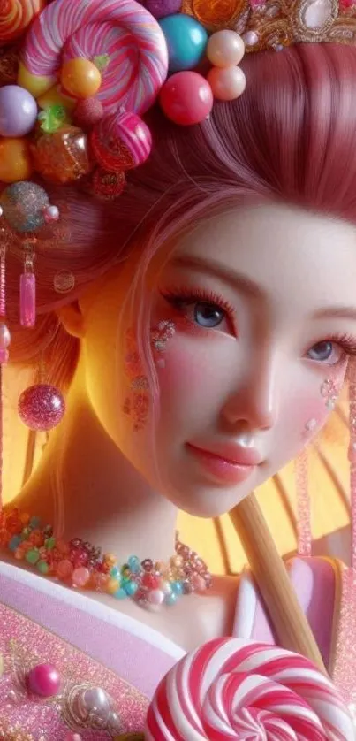 Anime girl with candy-themed accessories.