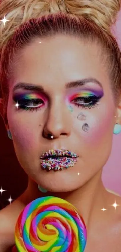 Woman with candy-inspired makeup and a rainbow lollipop.