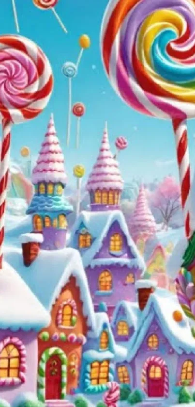 Whimsical candy wonderland with lollipops and gingerbread houses under a blue sky.