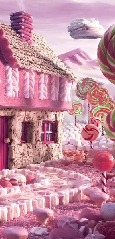 Whimsical candy house in a dreamy pink landscape with lollipops and sweets.