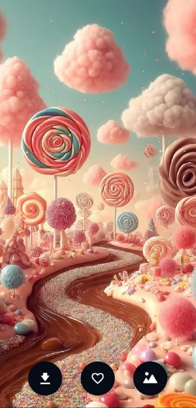 Candy land wallpaper with colorful lollipops and dreamy pink clouds.